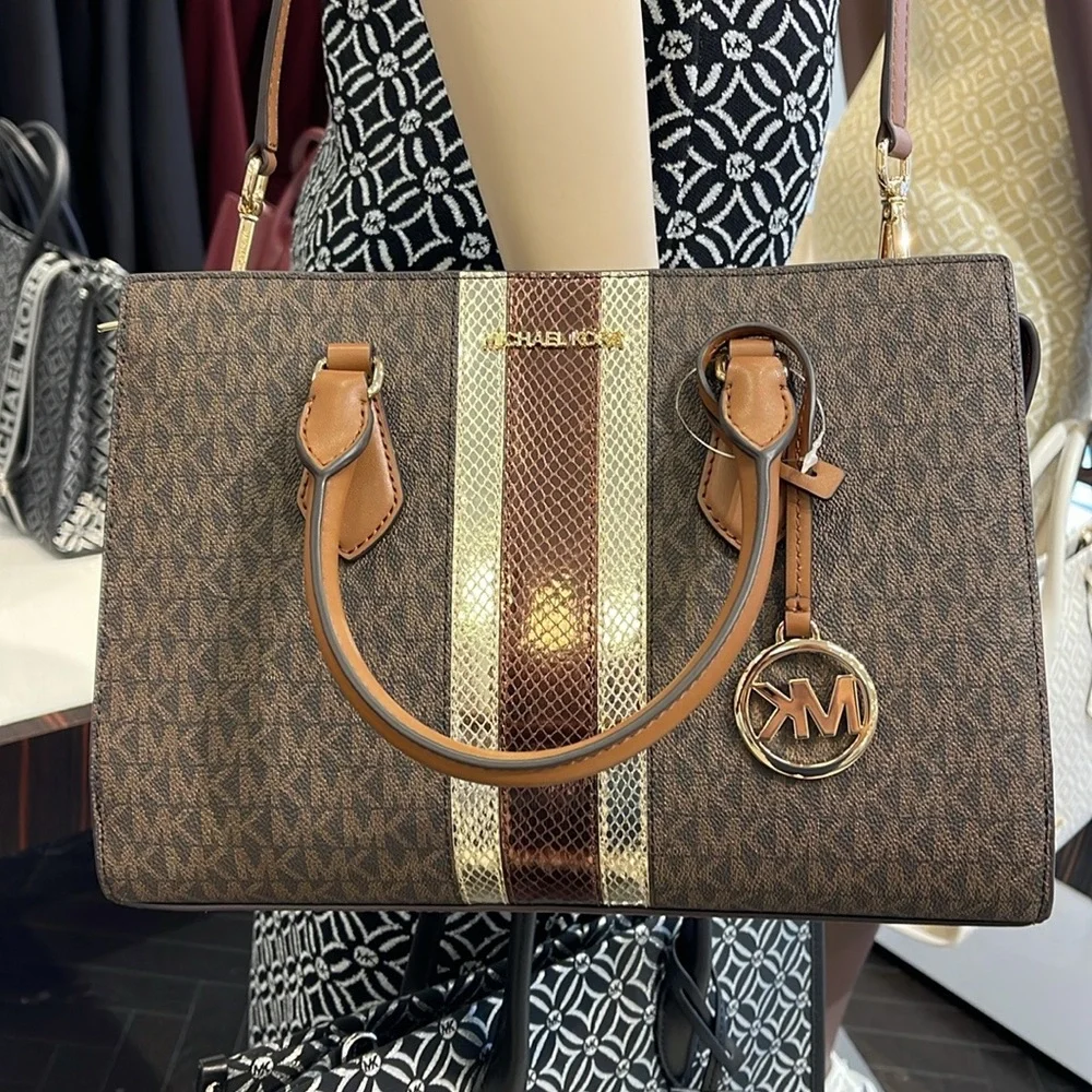 Michael Kors Sheila Medium Signature Logo and Metallic Satchel Crossbody CZ NWT